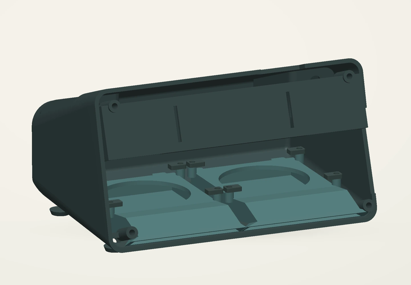 Open Horizon V1 enclosure CAD showing the two speaker ducts and their mounting clamps