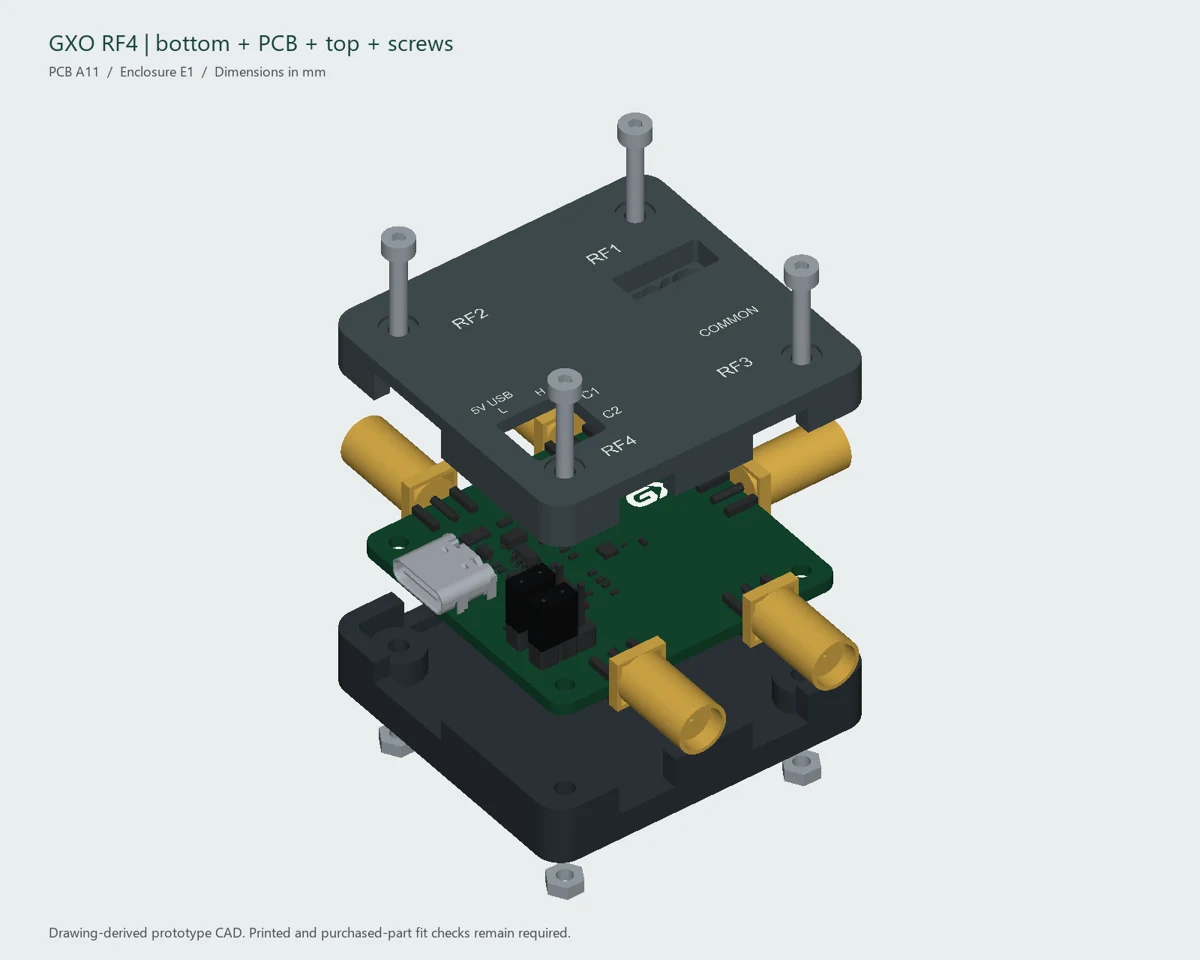 RF4 CAD assembly with top cover, PCB, bottom shell and four screws separated vertically